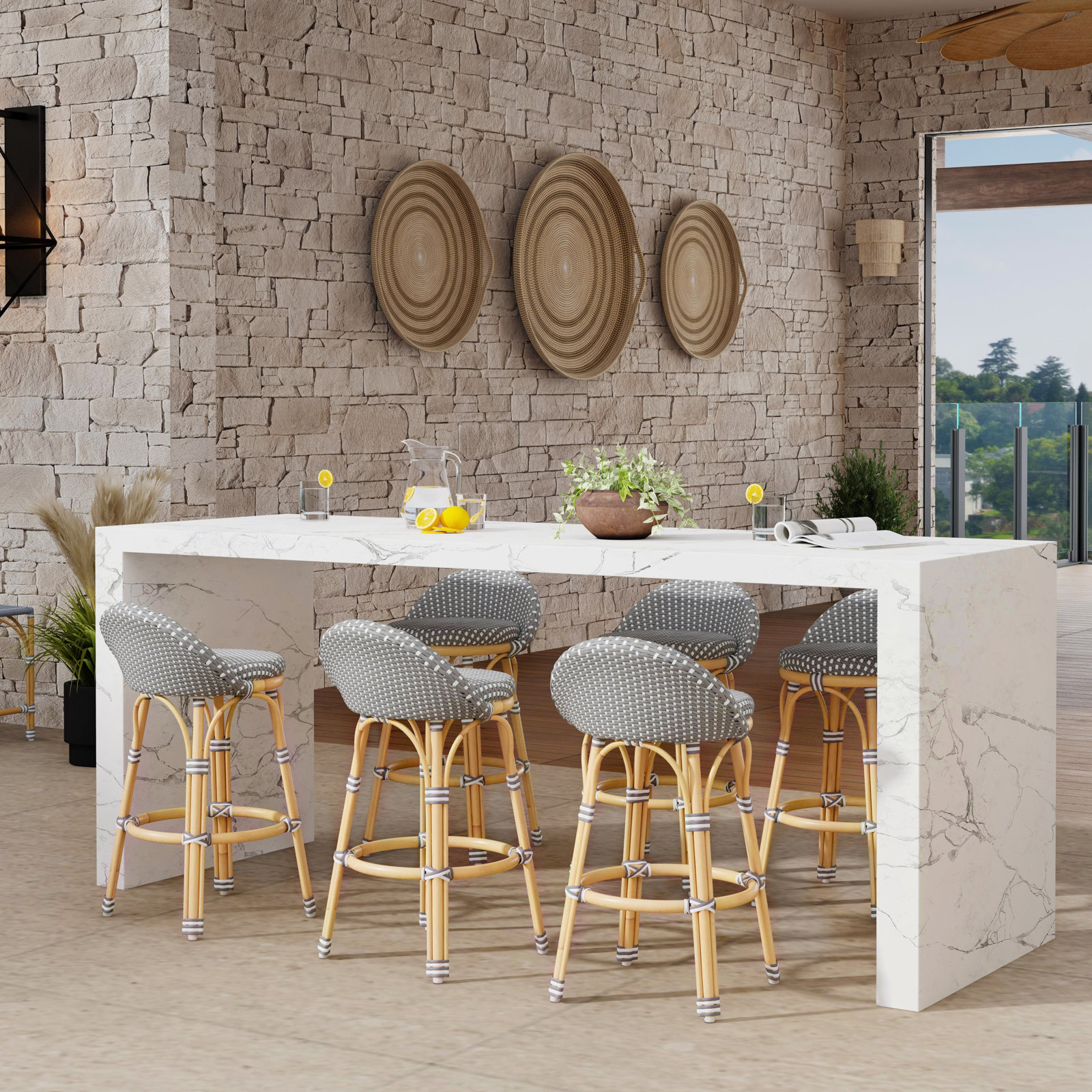 Ellie Woven Patio Bar Stool, Gray/White