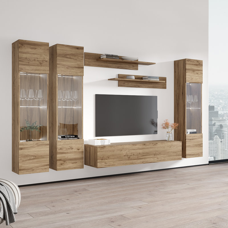 Narberth 120" Modern Floating Wall Mounted Entertainment Center with 16-Color LED Lighting, High Gloss Finish, Oak