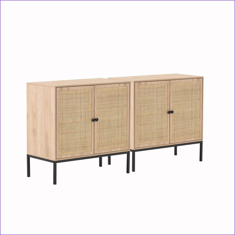 Ensemble de 2 tables d'appoint modernes avec portes en rotin | Fabrication en panneau de fibres à densité moyenne | Pieds en acier