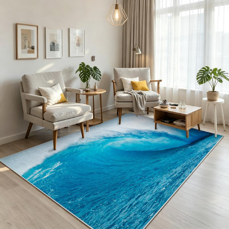 Magnifique tapis d'intérieur bleu lavable à la mer Ocean Wave, Rectangle 71" x 98"