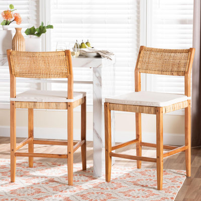 bali & pari Chatura Natural Rattan and Mahogany Wood 2-Piece Counter Stool Set – Handwoven Wicker Stool with Angled Back, Coastal Boho Seating for Kitchen Island, Counter Height