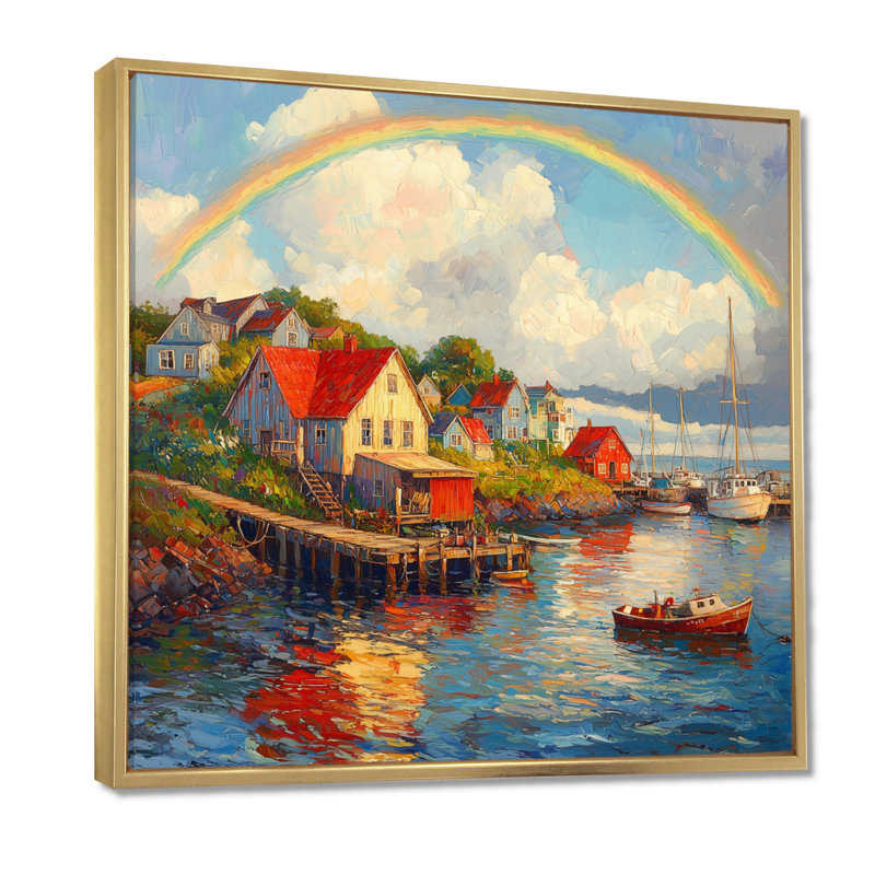 Allmar Coastal Rainbow Over The Fishing Village II - art mural arc-en-ciel, H 30 po x l 30 po, Impression encadrée flottante