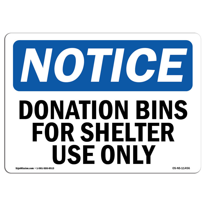 Enseigne de bacs de donation pour abri, H 12 po x l 18 po x P 0,1 po