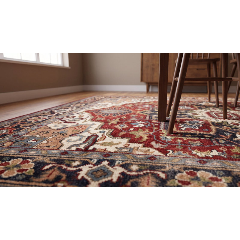 Tapis rouge en laine noué à la main à motif floral médaillon classique traditionnel rouge moderne, 9 pi x 12 pi