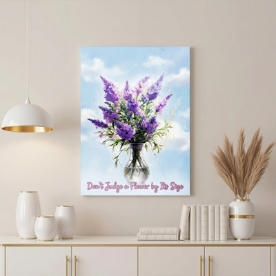 Purple Lavender Bouquet In Glass Vase Canvas Wrapped Wall Art Oil Painting Print With Inspirational Quote Don T Judge A Flower By Its Size For Living Room Bedroom Or Home Decor