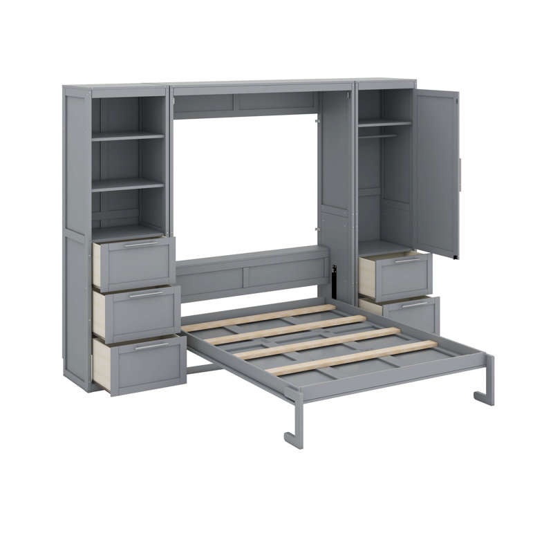 Grand lit escamotable avec tiroirs et tablettes, Gris