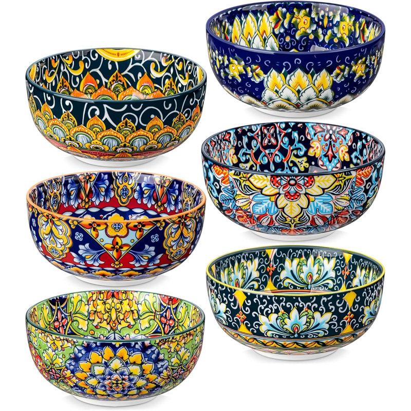 Ensemble de 6 bols à céréales, bols à soupe en céramique bohémiens, ensemble de bols colorés pour la cuisine, le lave-vaisselle et le micro-ondes allant de la salade, des pâtes, du riz, de l'avoine et des fruits