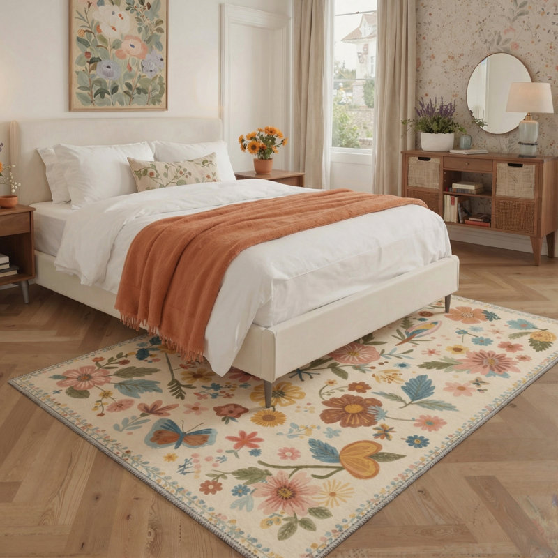 Acker Verdure Floral Machine Washable Beige Indoor Area Rug with Non-Slip Backing, Rectangle 6' x 9'
