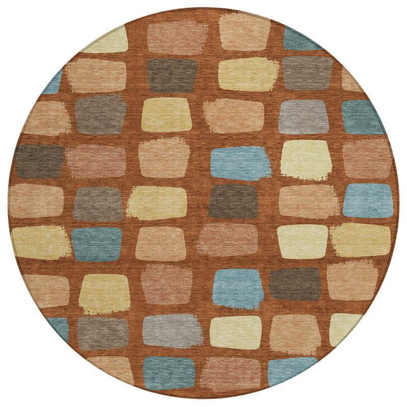 Machine Washable Indoor/Outdoor Chantille ACN2501 Squares Rug, Paprika, 8' Round