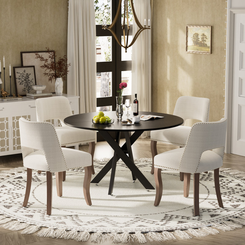 Ensemble de salle à manger à piédestal rond avec chaise en bois, 5 pièces: table, 4 chaises, Brun, Noir