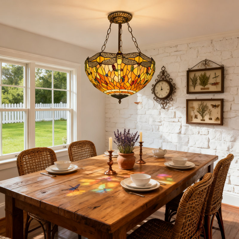 Tiffany Semi Flush Mount Ceiling Light with Stained Glass Shade