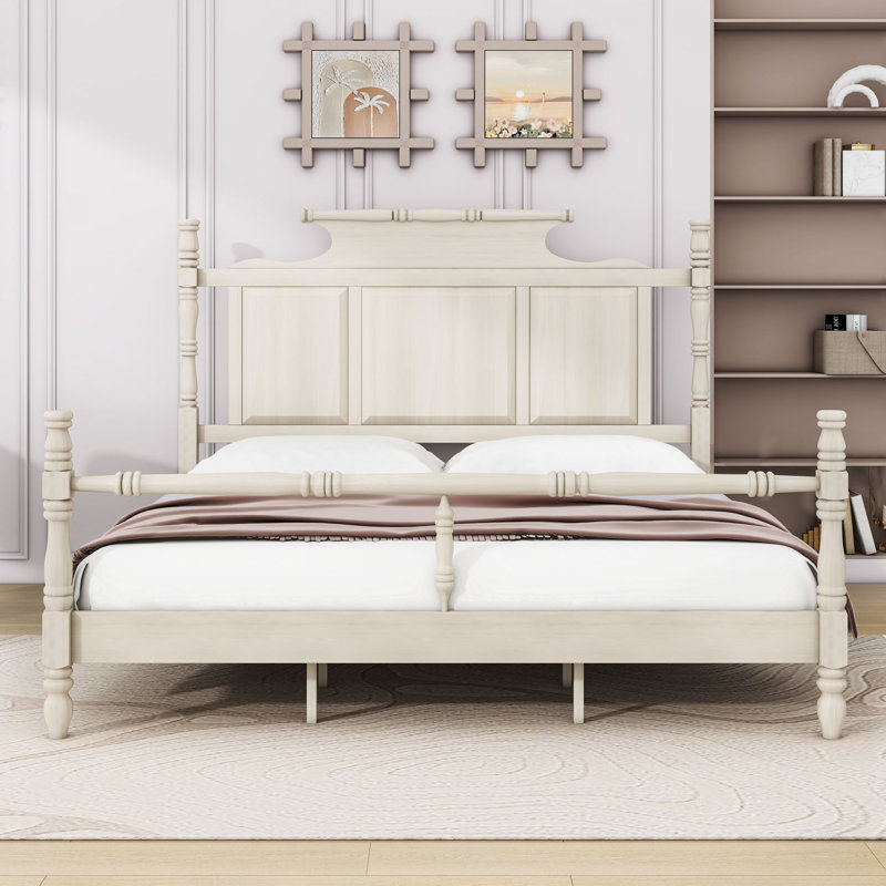 Lit plateforme avec tête de lit Wooden Country Style, Très grand, Blanc rétro