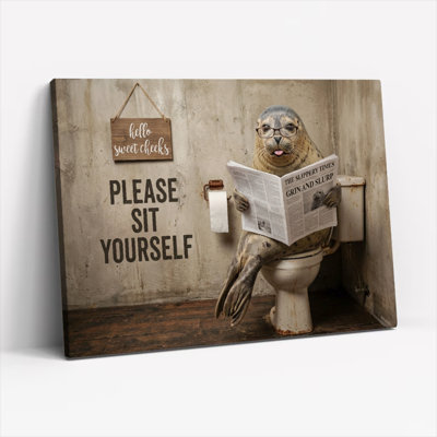 Seal Reading Newspaper On Toilet Canvas Wrapped Wall Art Humor And Whimsy Bathroom Decor