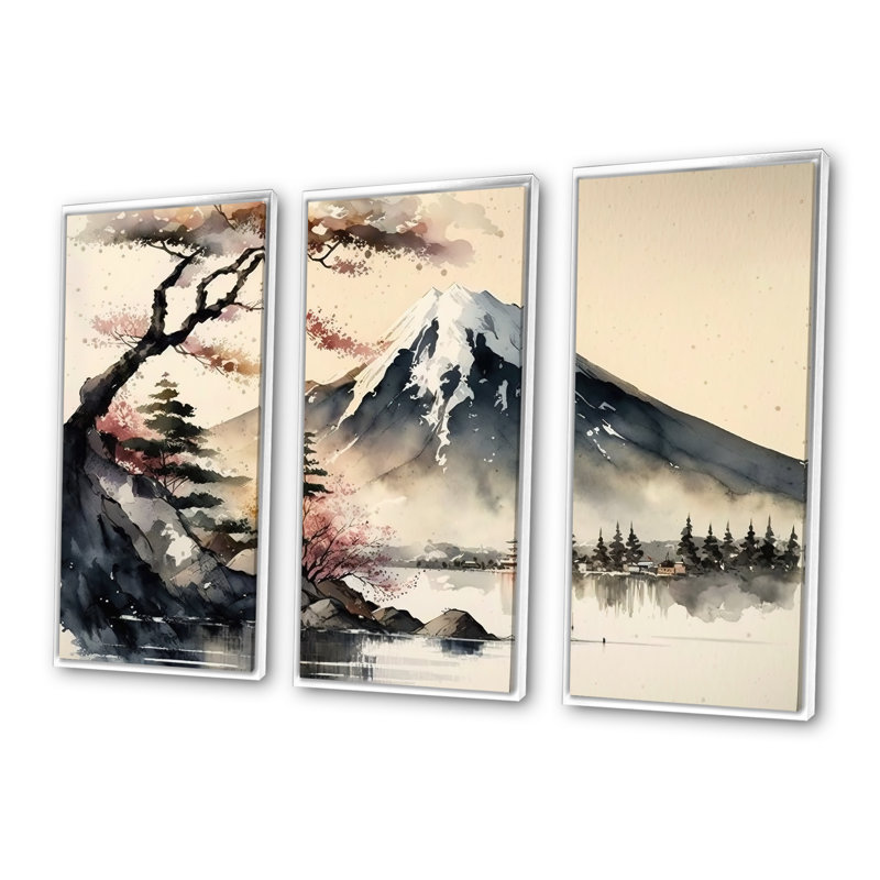 «Dorglien Japanese Landscape In Watercolor II», reproduction sur toile 3 pièces, Cadre flottant blanc
