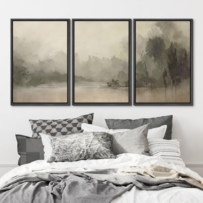 "Misty Forest And Lake Nature Wilderness Illustration Modern Decor Calm Relax Cozy For Chambre" 3 - Pièces