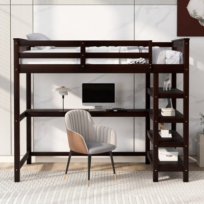 Structure de lit mezzanine avec tablettes de rangement et bureau sous le lit, bureau multifonctionnel et station de sommeil