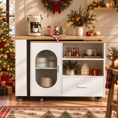 Îlot de cuisine avec table à manger extensible, armoire de rangement, tiroirs, dessus en chêne clair, piètement en chêne blanc