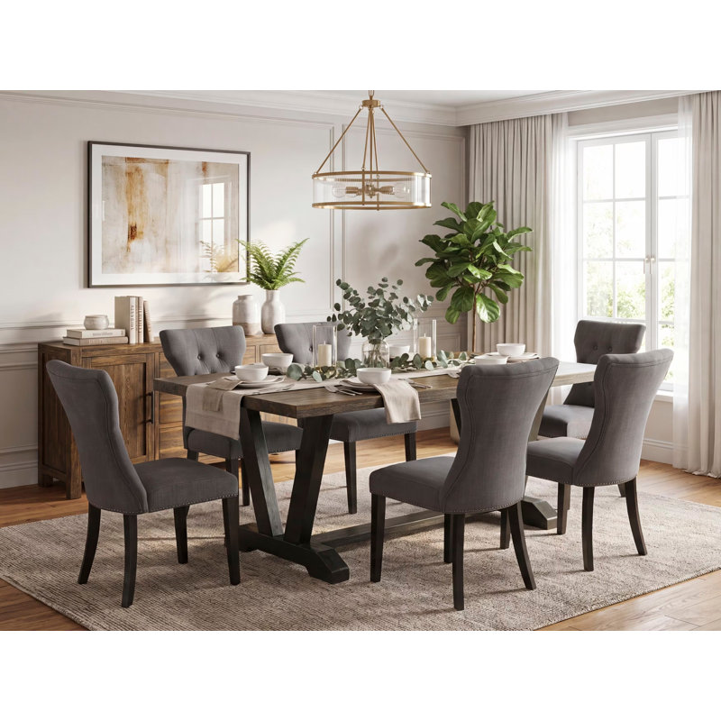 Ensemble de salle à manger 7 pièces comprenant une table rectangulaire à pieds en V et 6 chaises rembourrées en lin Gotham foncé, 101,6 x 182,9 cm, multicolore