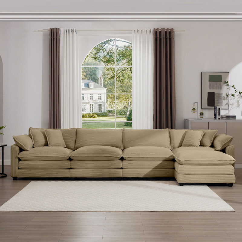 Jonathan L-Shaped Corduroy Sectional Sofa with Ottoman & Pillows, 33.85" H x 149.6" W x 34.25" D, Tan  Corduroy