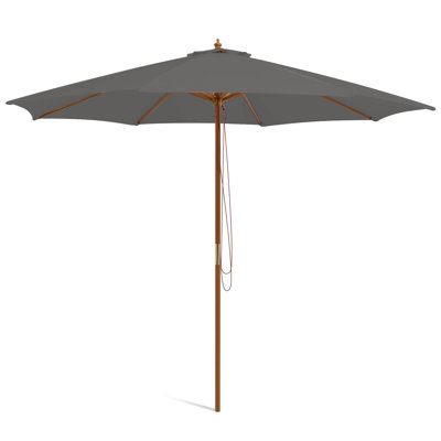 10ft Patio Wooden Market Table Umbrella Pulley With 8 Bamboo Ribs Sunshade Canopy