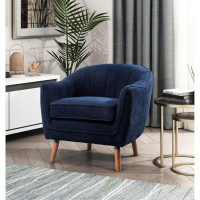 Chaise de style Mid-Century moderne, revêtement en tissu de chenille bleu, pieds en bois massif, profondeur d'assise de 22 po, structure de H 30 po x 31 po
