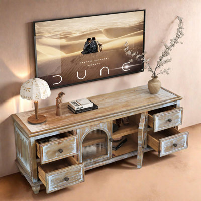 Meuble télé 60 po avec 4 tiroirs et 2 portes en verre, console multimédia en bois rustique pour téléviseur de 65 po ou moins