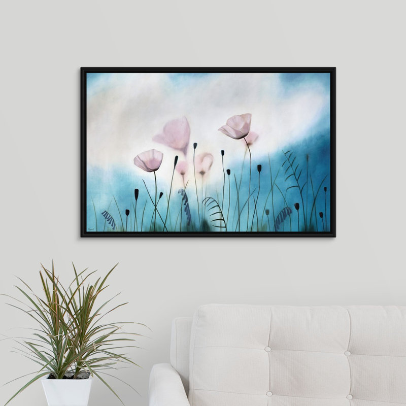 « gossamer prières », peinture sur toile, Cadre flottant noir, H 21,7 po x l 31,7 po x p 1,75 po