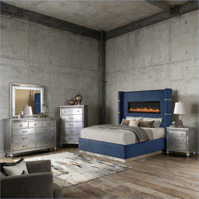 Ensemble de chambre à coucher | Ensemble de chambre à coucher moderne en velours bleu avec foyer 5 pièces pour chambre principale | Bois | Multicolore