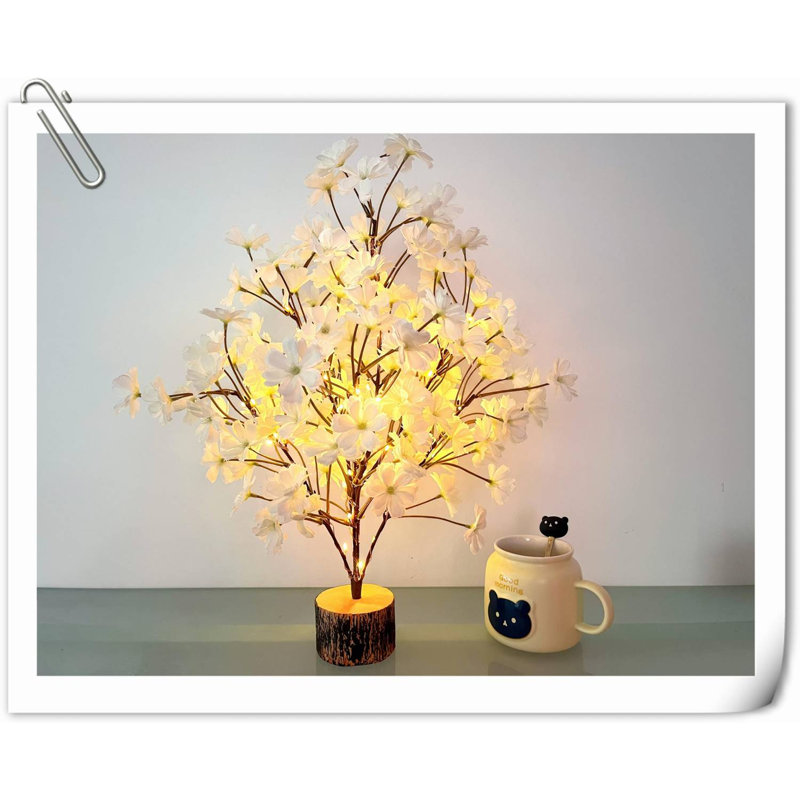 Arbre de fleurs de cerisier blanc éclairé 19 pouces, 49 lumières DEL de table avec minuterie, éclairage à lumières à l'intérieur pour la maison