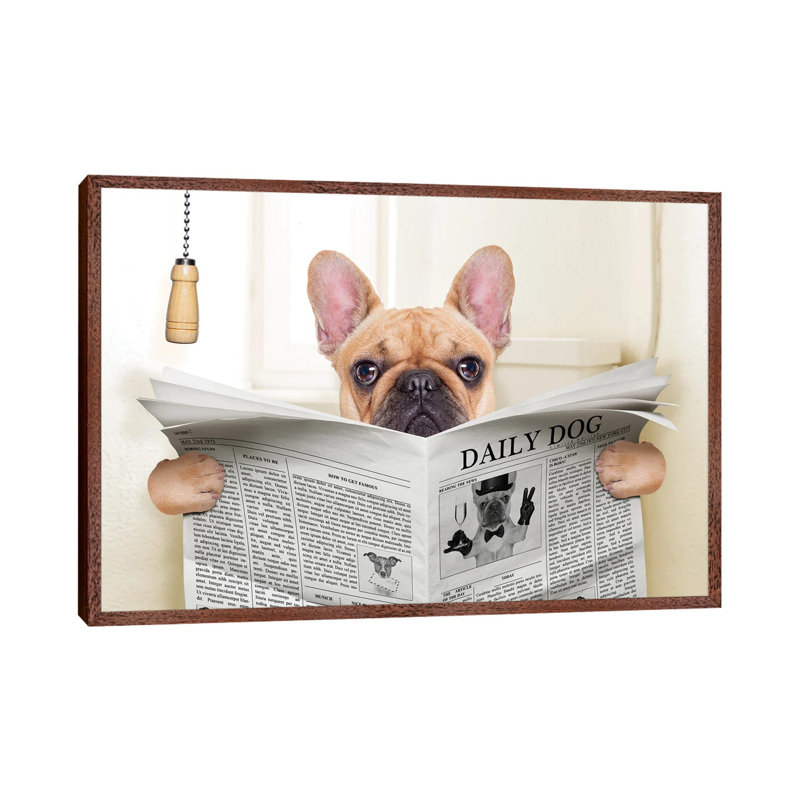Dog On Toilet Seat Reading Newspaper V by Damedeeso - Print on Canvas, Classic Brown Wood Framed