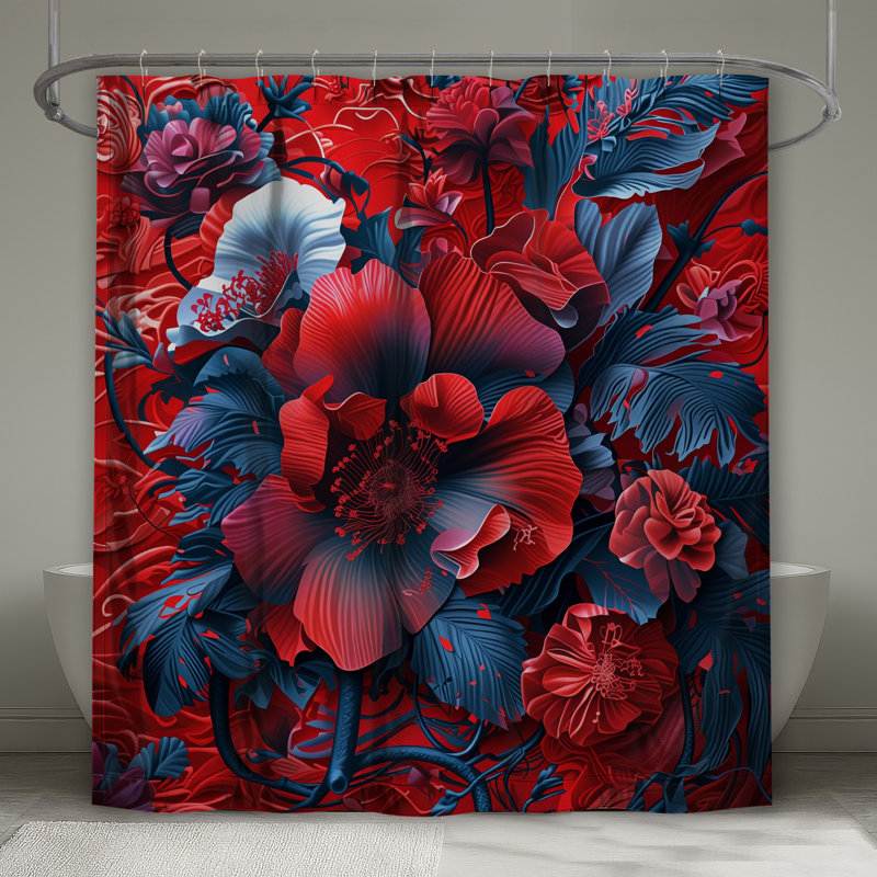 Rideaux de douche à composition florale rouge et bleu très longs, L 70 po x H 93 po