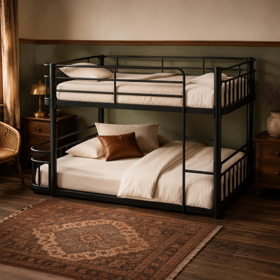 Lit superposé double au-dessus de double avec échelles et garde-corps, structure en métal à tuyaux ronds améliorés, élégant et polyvalent pour toutes les pièces, adolescents et adultes, noir