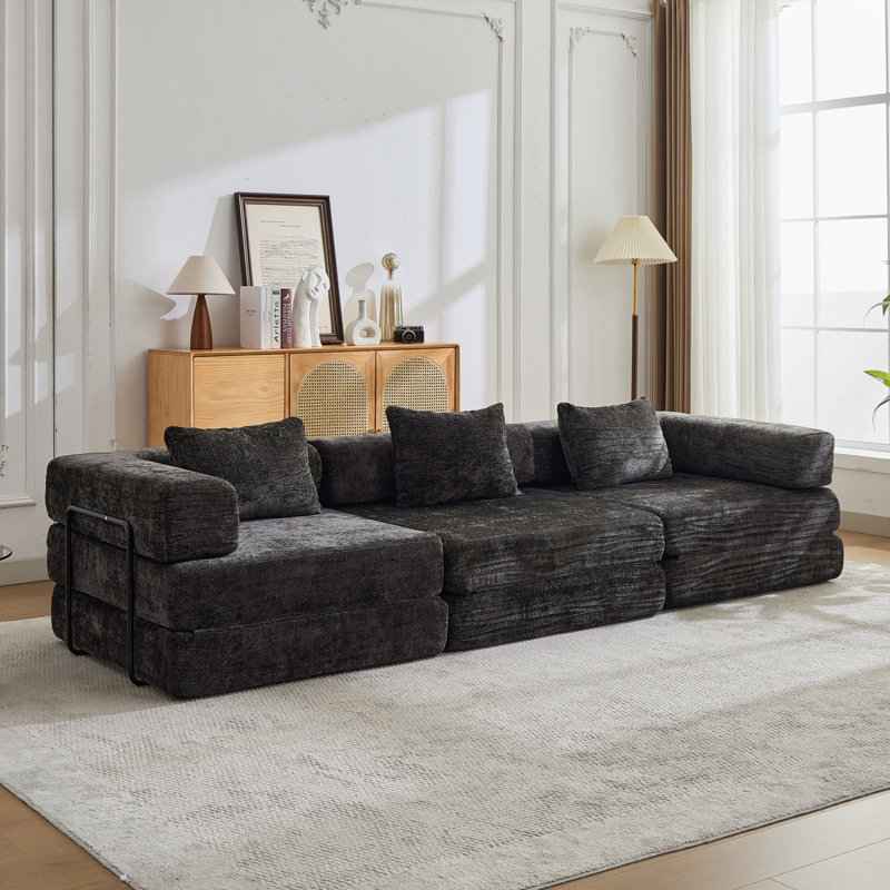 Canapé à compression, canapé-lit convertible au sol avec structure de forme fixe, canapé modulaire désossé modulaire, sans assemblage requis, tissu chenille, pour la chambre du salon, noir