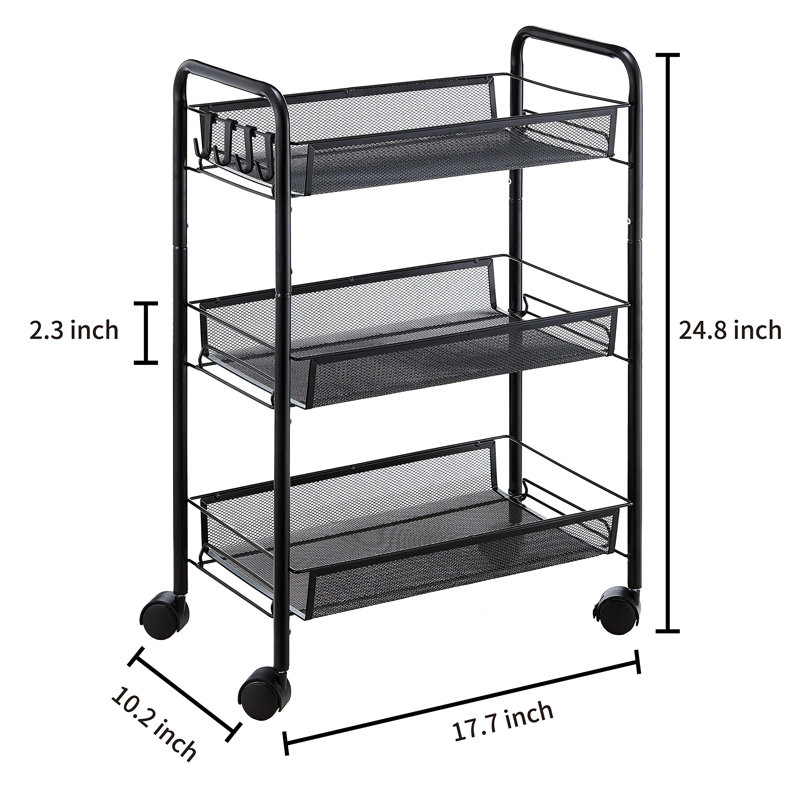 Black Metal 3-Tier Rolling Utility Storage Cart