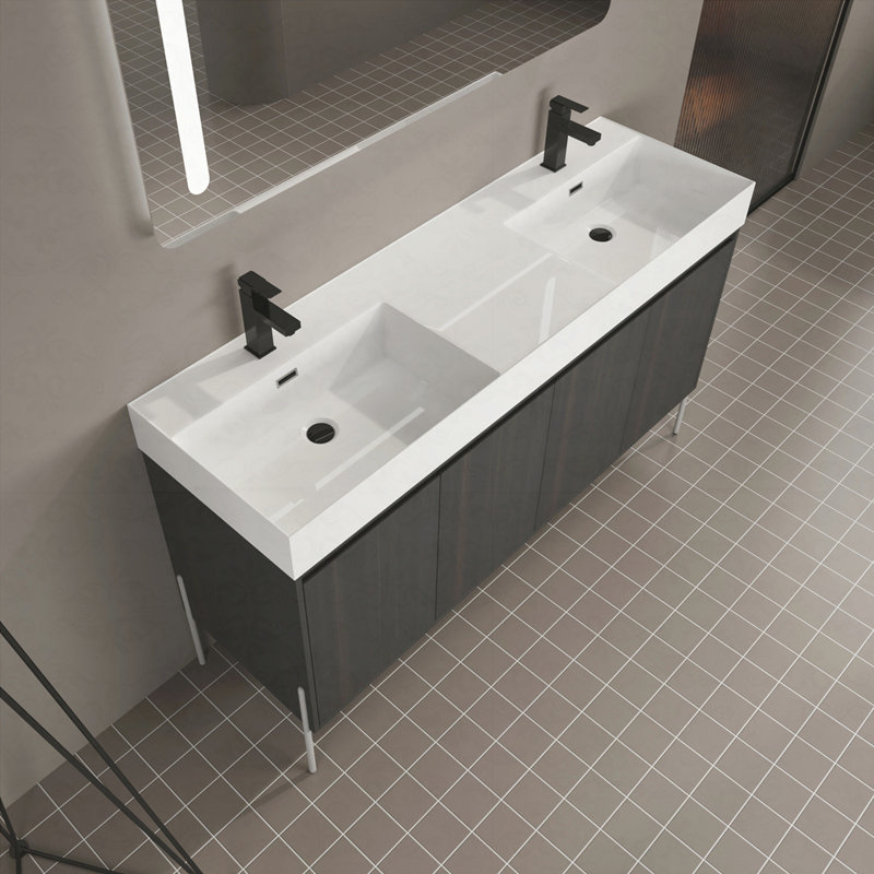 Meuble-lavabo autoportant 60 po avec double lavabo en résine, armoire de rangement avec portes à fermeture douce 60 po
