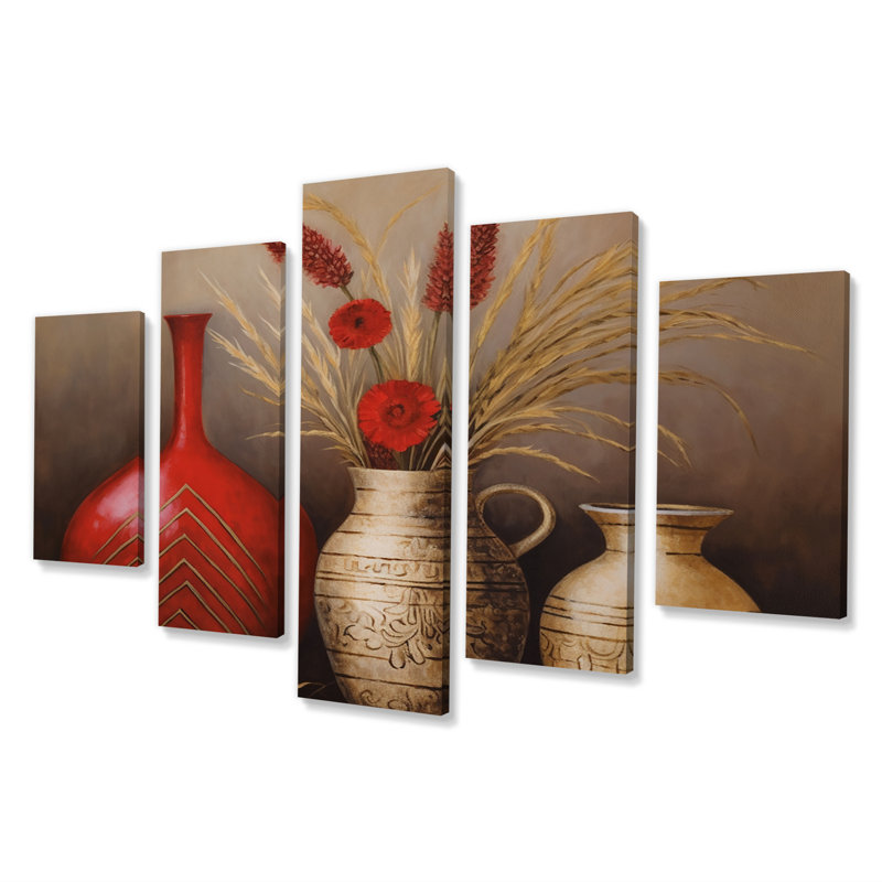 Nature morte vase rouge avec blé et fleurs rouges - art mural Boho Pottery, 5 panneaux
