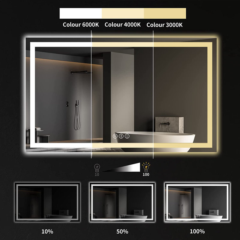 Miroir de commode illuminé sans cadre, 60 po x 36 po
