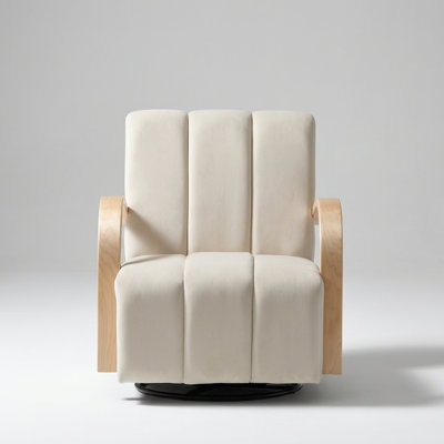 Modern Upholstered Swivel Accent Chair with Solid Wood Armrests and Channel Tufted Design