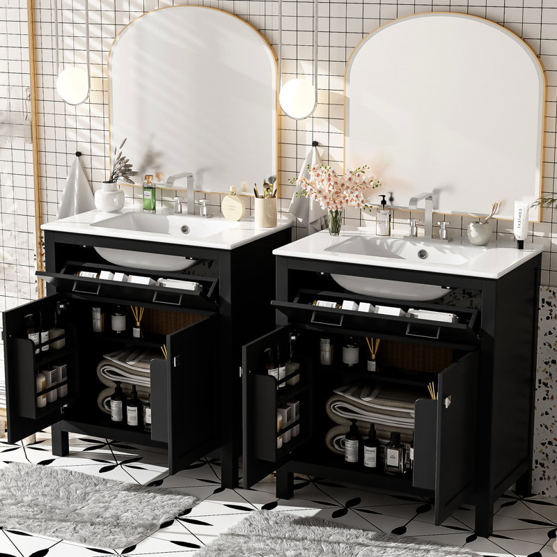 Meuble de salle de bain de 152 cm, lavabo double en céramique, tablette réglable, portes à fermeture douce, tiroir rabattable - Système de fermeture en douceur Cozy Hub pour une salle de bain élégante
