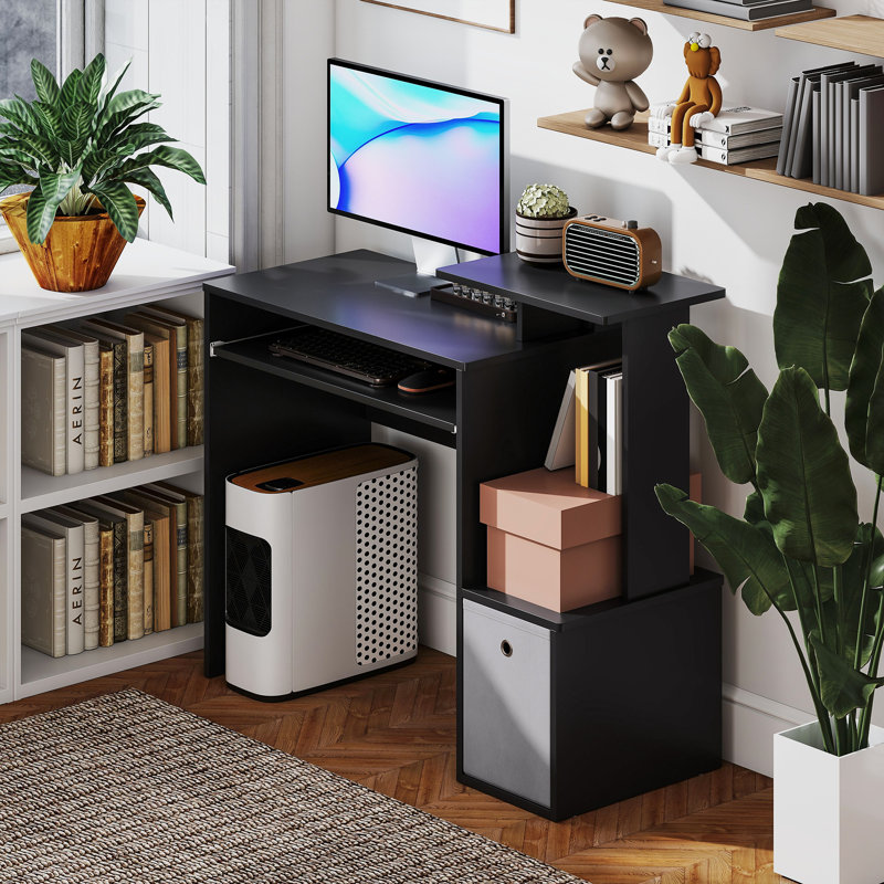 Bureau d'ordinateur avec tiroir en tissu et plateau à clavier, bureau d'étude, noir, Noir