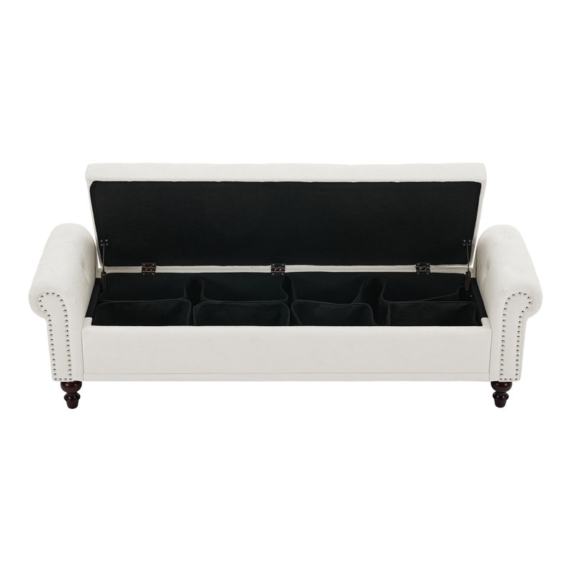 Banc de rangement rembourré en velours / lin avec compartiments de rangement segmentés, Velours blanc crème