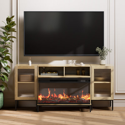 Meuble télé 3 faces en verre pour téléviseur de 75 po ou moins avec 12 couleurs, console de divertissement multimédia avec portes en verre, rangement fermé, chêne
