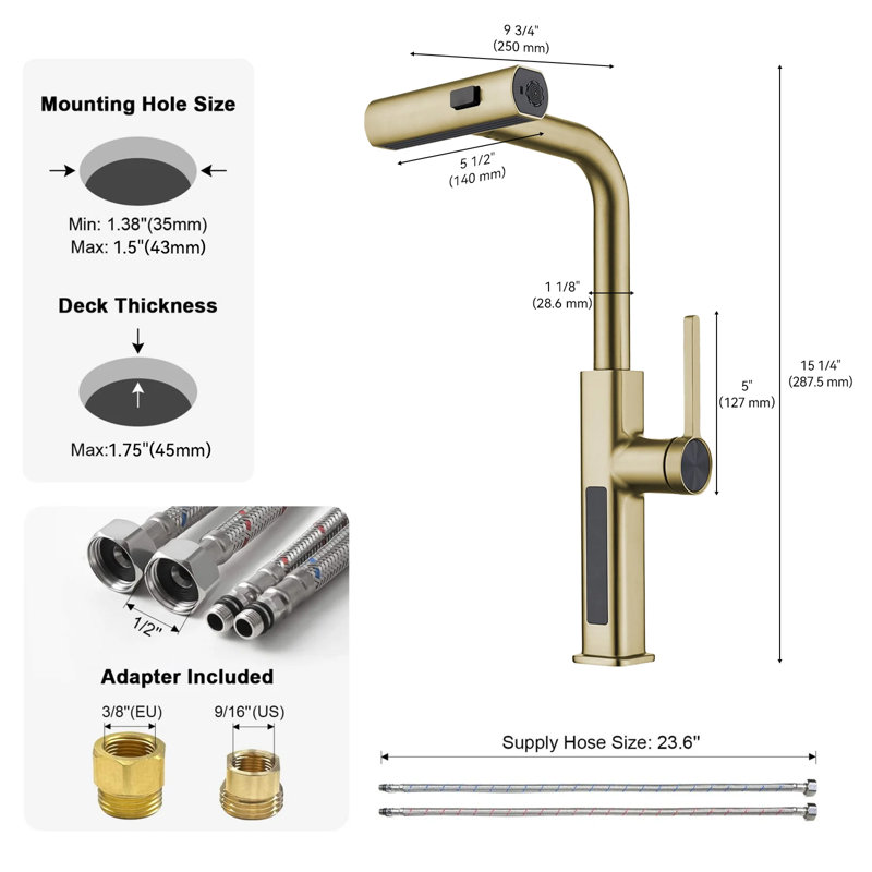 Single Handle Kitchen Faucet with Accessories, Brushed Gold