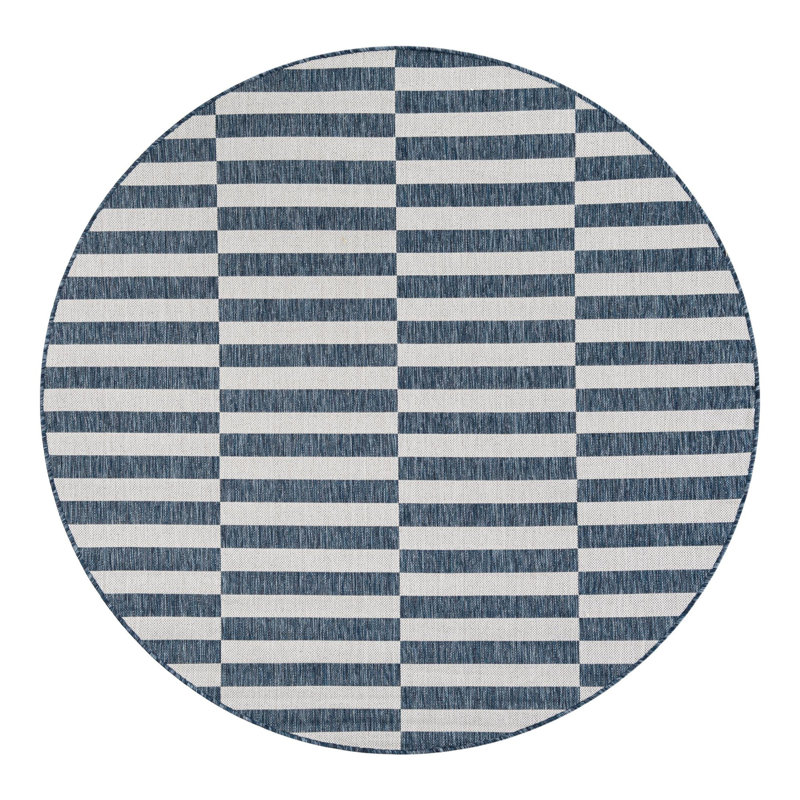 Pana Striped Navy Blue/Ivory Indoor / Outdoor Area Rug, Round 7'10"