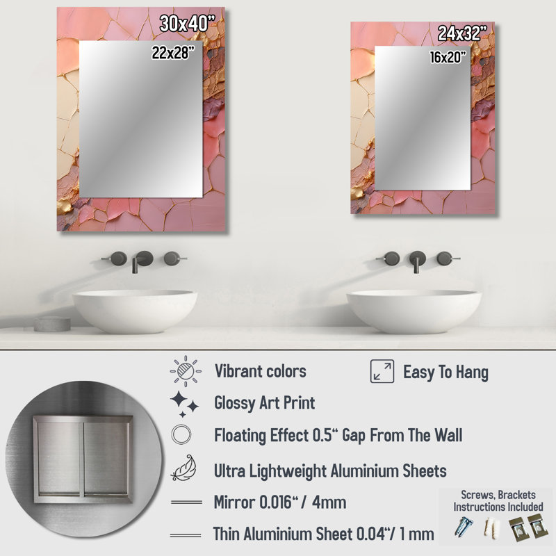 Pink Gold Minimalism Poteries - Abstract Spirals Large Mirror, Pink Unique Wall Mirror Decor, Printed Metal Art, 40" x 30"