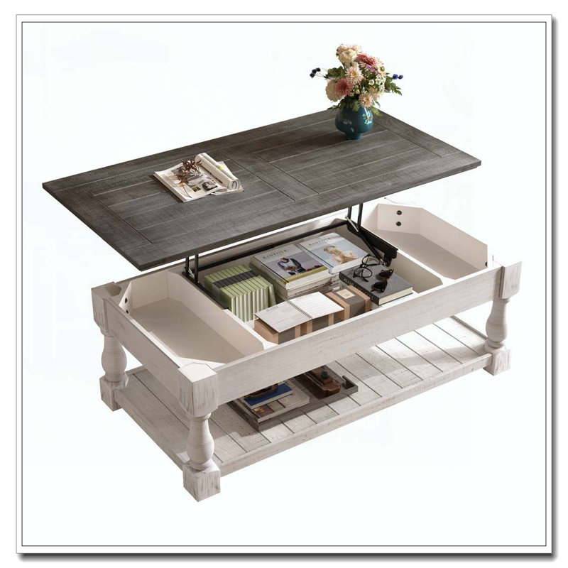 Table basse à plateau relevable Farmhouse, Gris antique, Blanc antique