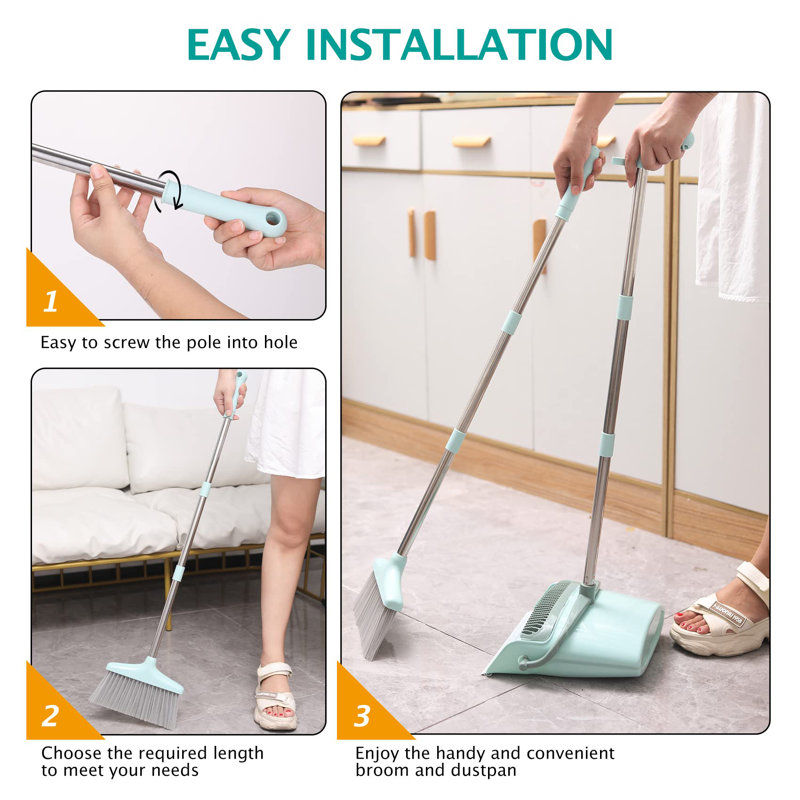 Bluish Green Stainless Steel Broom and Dustpan Set with Adjustable Handle