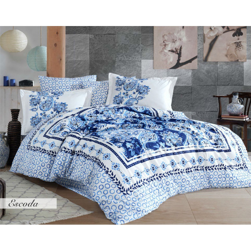 Ensemble de housse de couette 100% coton 4 pièces Niswger, Bleu foncé / bleu / blanc