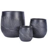Leaf Embossed Concrete Effect Round Planter, Frostproof Outdoor Plant Pot, Black Round Garden Planter with Drainage Holes