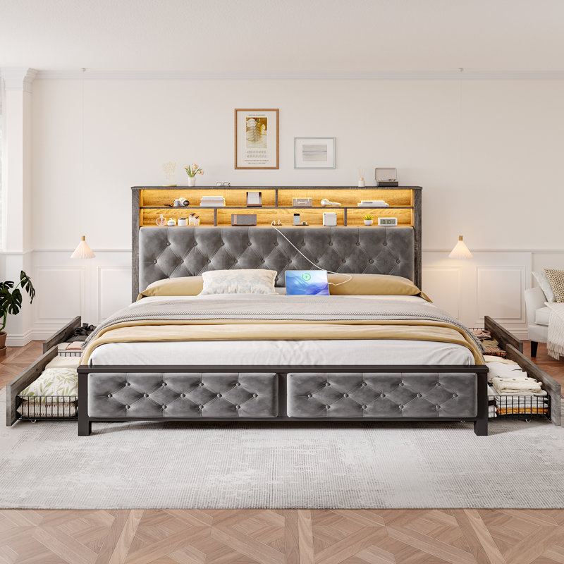  Upholstered Bed with Wood Frame, 4 Storage Drawers, Modern Bed Frame with Charging Station & LED Lights, Headboard Included,King/Gray